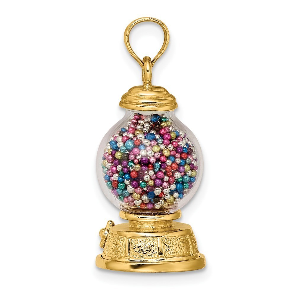 14k Yellow Gold 3-D Moveable Gumball Machine Glass Necklace Charm Pendant